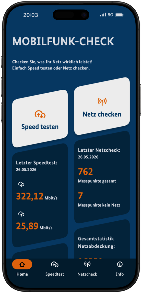 Screenshot der Startseite der App Mobilfunk-Check